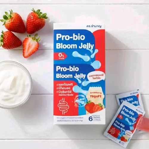 Pro-bio Bloom Jelly รสสตรอเบอร์รี่โยเกิร์ต ซึ่งเป็นผลิตภัณฑ์เสริมอาหารโพรไบโอติกส์ชนิดเจลลี่(1กล่อง=6ซอง)