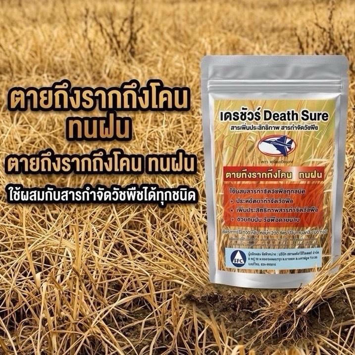 สารเพิ่มประสิทธิภาพยาฆ่าหญ้า หญ้าตายถึงรากถึงโคน ทนฝน ดูดซึมไว ใช้ผสมยาฆ่าหญ้าได้ทุกชนิด เห็นผลไว เดธชัวร์ 100 กรัม