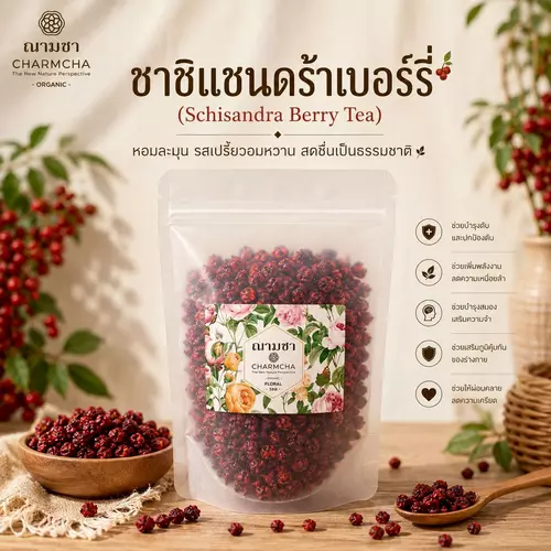 ชาชิแซนดร้าเบอร์รี่ (Schisandra berry tea) มีสารต้านอนุมูลอิสระ สร้างระบบภูมิคุ้มกัน ให้สมองรู้สึกกระปรี้กระเปร่า ฌามชา