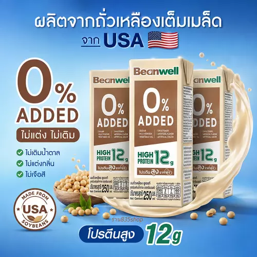 Beanwell นมถั่วเหลืองยูเอชทีสูตรไม่เติมน้ำตาล มีโปรตีนสูง  แพ็ค3กล่อง 250mlx3