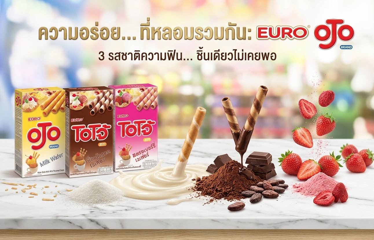 Euro Ojo (โอโจ้) เวเฟอร์แท่งสุดคลาสสิก ขนมในตำนาน อร่อยฟินเต็มคำ ช็อกโกแลต/สตรอเบอร์รี่/นม