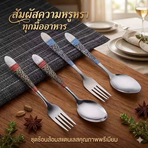 เซตช้อนส้อมสแตนเลสหนาพรีเมียม (แพ็ค 2 คู่) คละสีพาสเทล/โมเดิร์น สแตนเลสอย่างดี เงางาม ขอบมนไม่บาดปาก