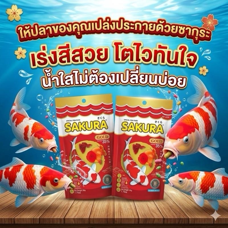อาหารปลา ซากุระ โกลด์ Sakura Gold โปรตีน 35% เร่งโต สีสันสดใส น้ำไม่ขุ่น เหมาะกับปลาทอง แลาคาร์ป ปลายสวยงามทุกชนิด 50กรัม