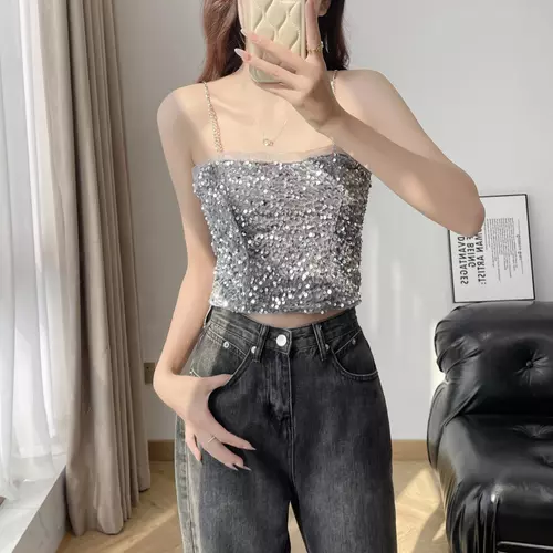 Pinkybra เสื้อครอป สายเดี่ยว เซ็กซี่ สายแต่งโซ่ เงาวิบวับ สม็อคหลัง อก 32-38 ใส่ได้ เสื้อผ้า ผู้หญิง