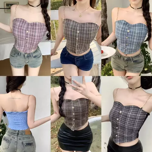 Pinkybra เสื้อเกาะอกลายสก็อต ดีเทลกระดุมหน้า ใส่ง่ายแมทช์ได้หลายลุค ฟรีไซต์ อก28-38นิ้ว เหมาะสำหรับวันสบายๆ