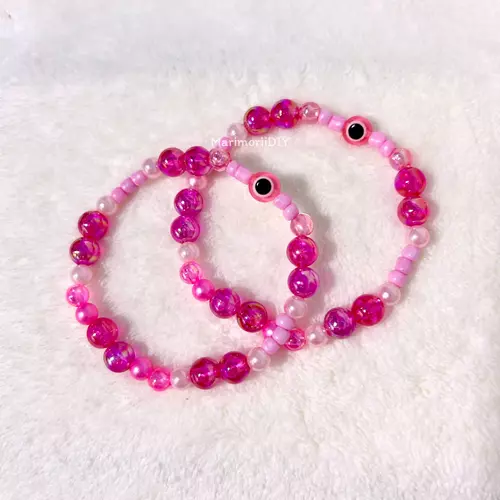 กำไลลูกปัด Evil Eye Pink Aura จี้ Evil Eye ผสมลูกปัดสีชมพู สร้อยข้อมือแฮนด์เมด - MarimoriiDIY