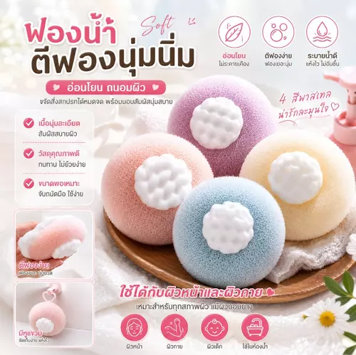 ฟองน้ำอาบน้ำ ตีฟองนุ่มนิ่ม เนื้อนุ่มละเอียด
