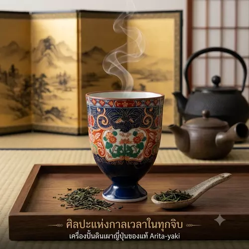 แก้วน้ำชาลายเบญจรงค์ แก้วเซรามิคญี่ปุ่น มือสอง สภาพดี