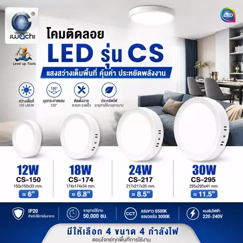 IWACHI โคมติดลอยทรงกลม(ไดร์เวอร์รวม) โคมดาวน์ไลท์แอลอีดี 12W 18W 24W 30W มีแสงขาว/แสงวอร์มไวท์ Downlight LED