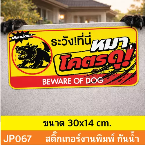 JP067 สติ๊กเกอร์ ระวังหมาดุ BEWARE OF DOG สำหรับเตือนภัย บ้านที่มีสุนัขดุ กันน้ำ ทนแดด ติดได้ทุกพื้นผิว!