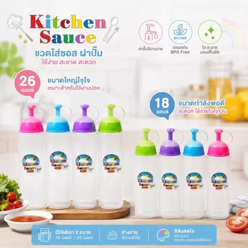 ขวดบีบซอสหัวปั๊ม ขนาด 530 ml และ 710 ml ขวดใส่น้ำจิ้ม ขวดพลาสติกใส่ไซรัป/นมข้นหวาน คละสี 4 สี