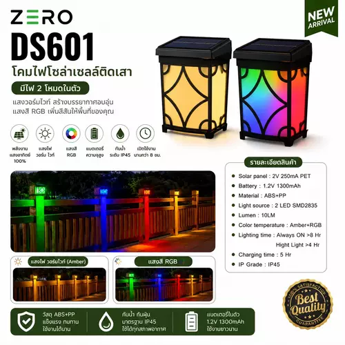 ZERO ไฟติดกำแพงโซล่าเซลล์ ไฟแสงอาทิตย์ ไฟกำแพงโซล่าเซลล์ มี 2สีในตัว รุ่นDS601 Vintage Solar Wall lights คุณภาพดี ทนทาน